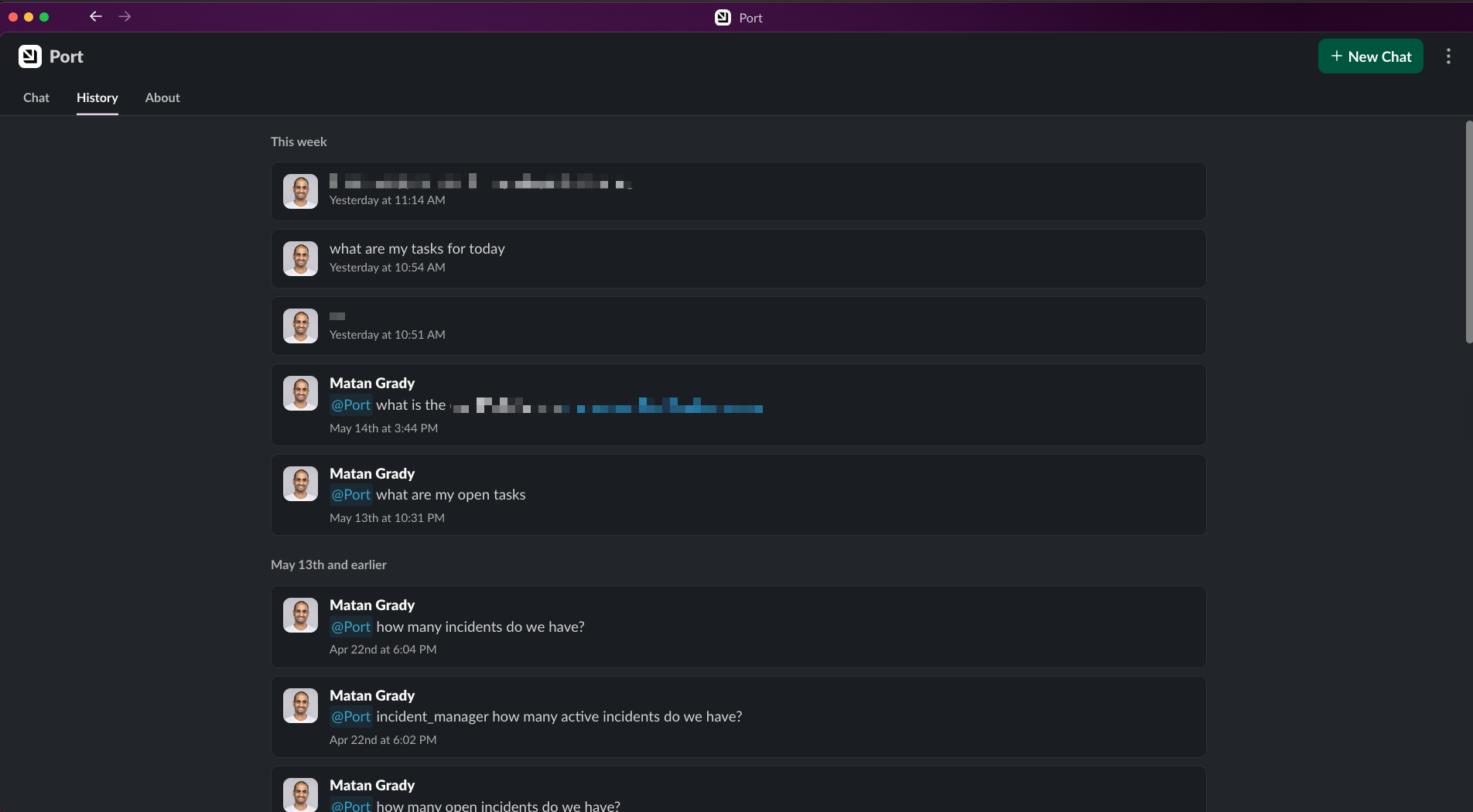 Slack app chat history with Port